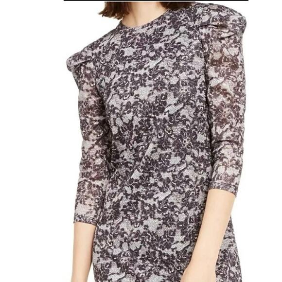 Michael Kors Black Silver Floral 3/4 Sleeve Mini Shift Dress Sz M NWT Holiday - Picture 2 of 9